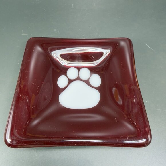 Hand Made Red Fused Art Glass Square Trinket Dish Plate White Dog Paw Vintage - Picture 10 of 13